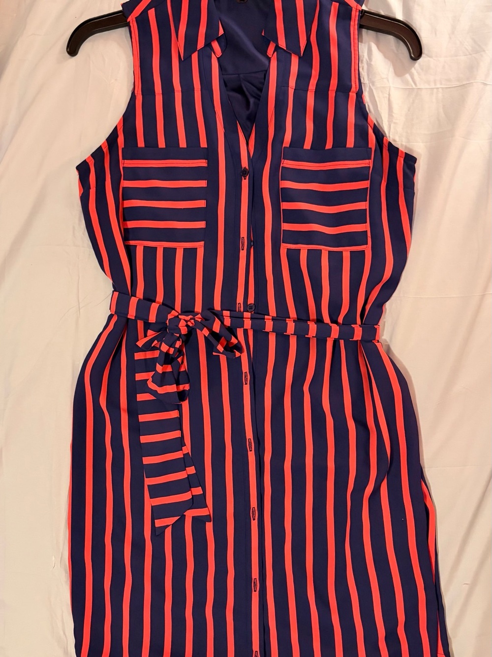 Express Navy and Coral Striped Sleeveless Shirt Dress